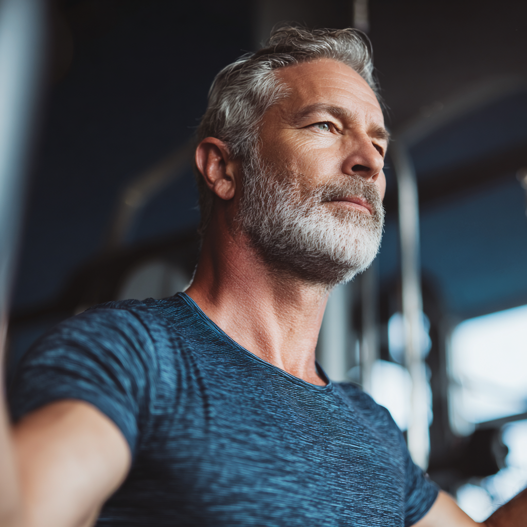 Middle-aged man exercising with confidence in modern gym